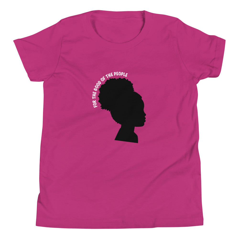 Kid's pink tee with silhouette of little girl with afro puff with for the good of the people in white around the head.