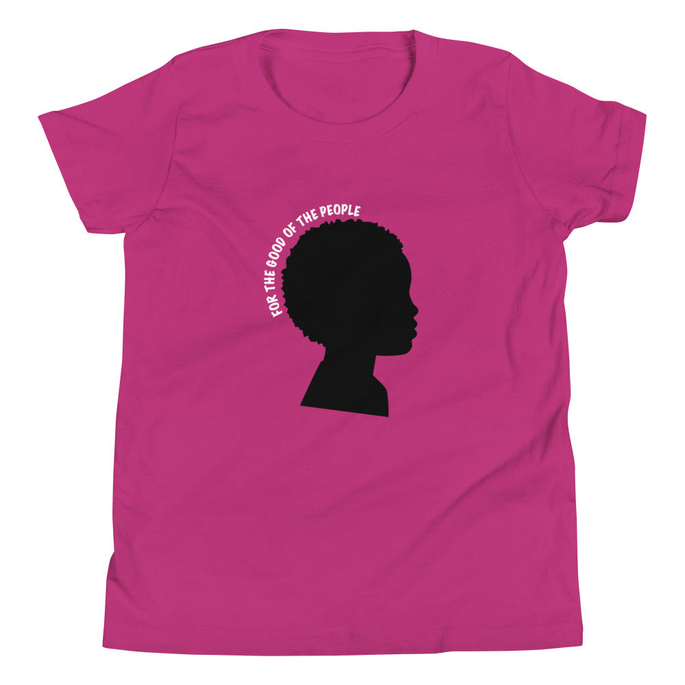 Kid's berry tee with black silhouette of little boy with afro with for the good of the people in white around the head.