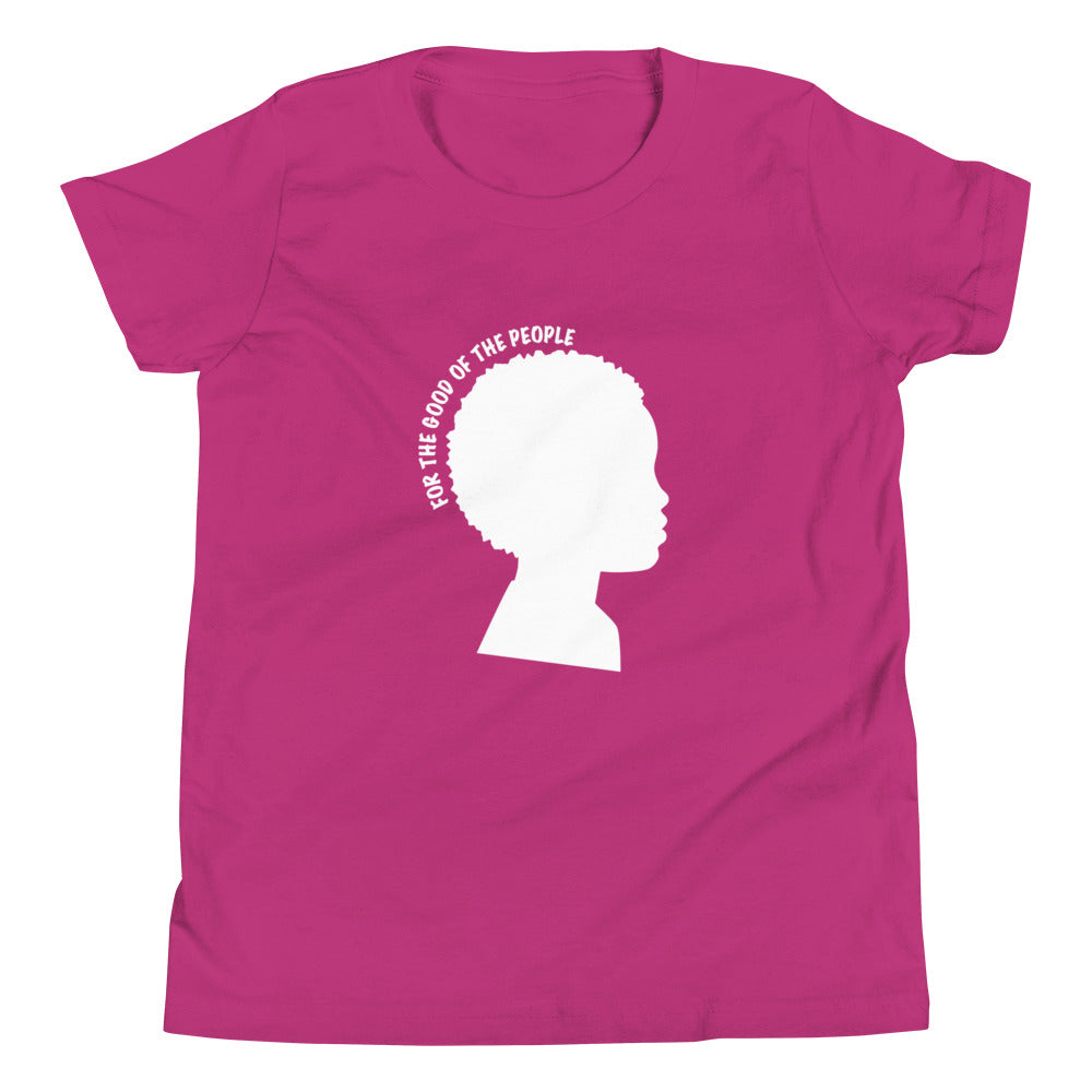 Kid's berry tee with white silhouette of little boy with afro with for the good of the people in white around the head.