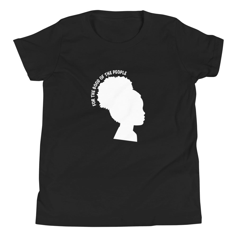 Kid's black tee with silhouette of little girl with afro puff with for the good of the people in white around the head.