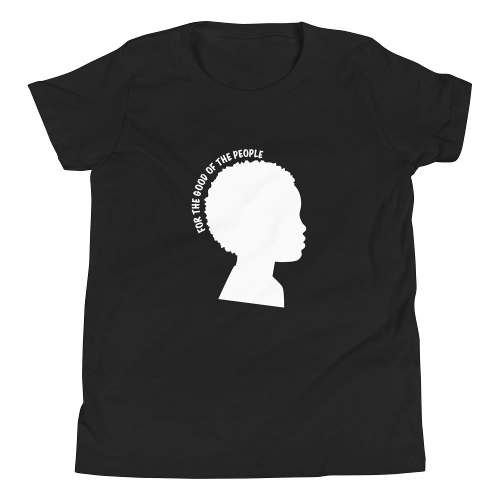 Kid's black tee with white silhouette of little boy with afro with for the good of the people in white around the head.