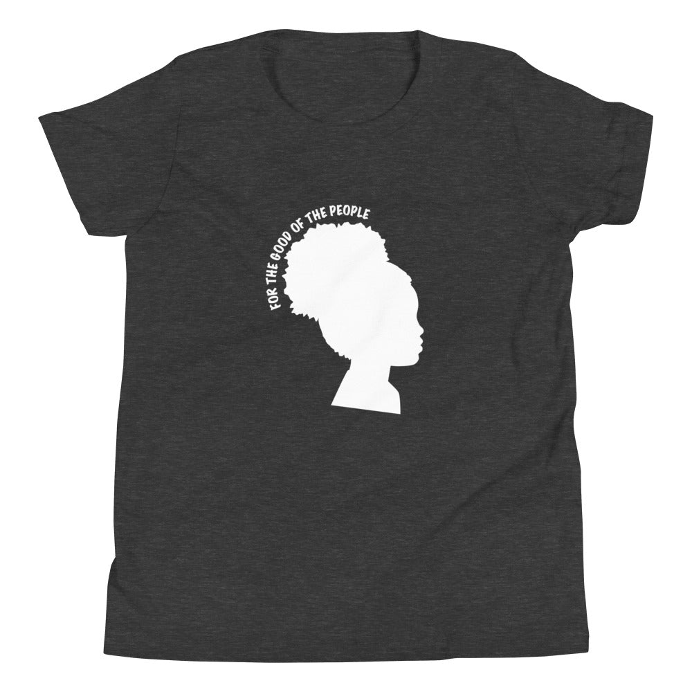 Kid's dark heather gray tee with silhouette of little girl with afro puff with for the good of the people in white around the head.