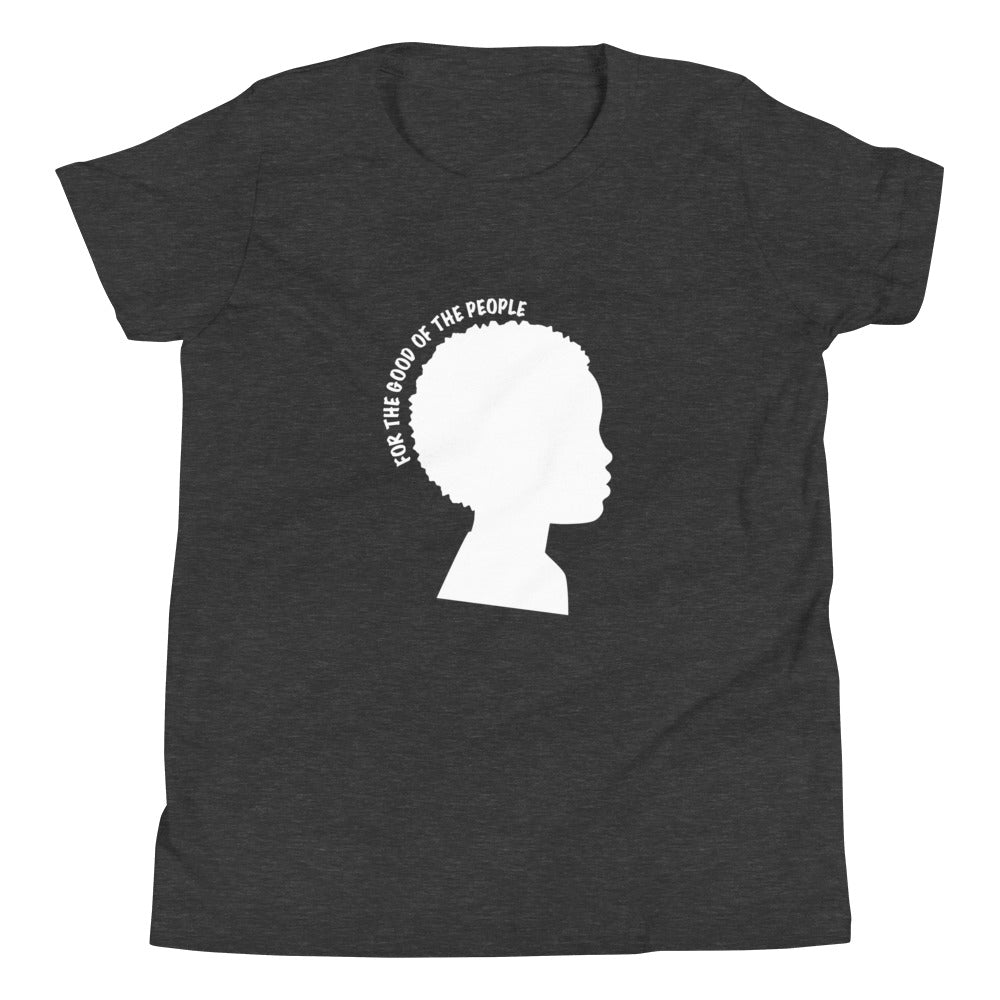 Kid's dark heather gray tee with white silhouette of little boy with afro with for the good of the people in white around the head.