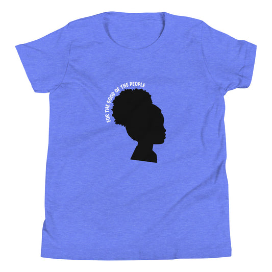 Kid's heather columbia tee with silhouette of little girl with afro puff with for the good of the people in white around the head.
