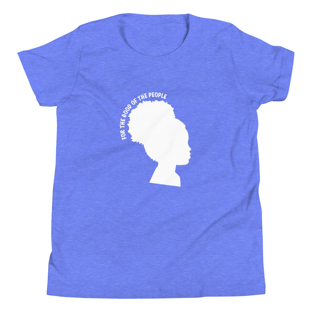 Kid's heather columbia tee with silhouette of little girl with afro puff with for the good of the people in white around the head.