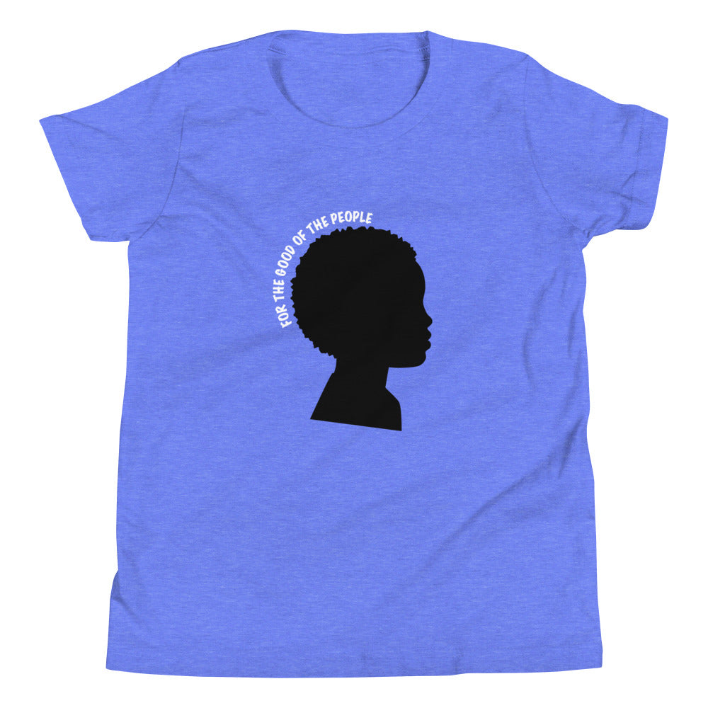 Kid's heather columbia tee with black silhouette of little boy with afro with for the good of the people in white around the head.
