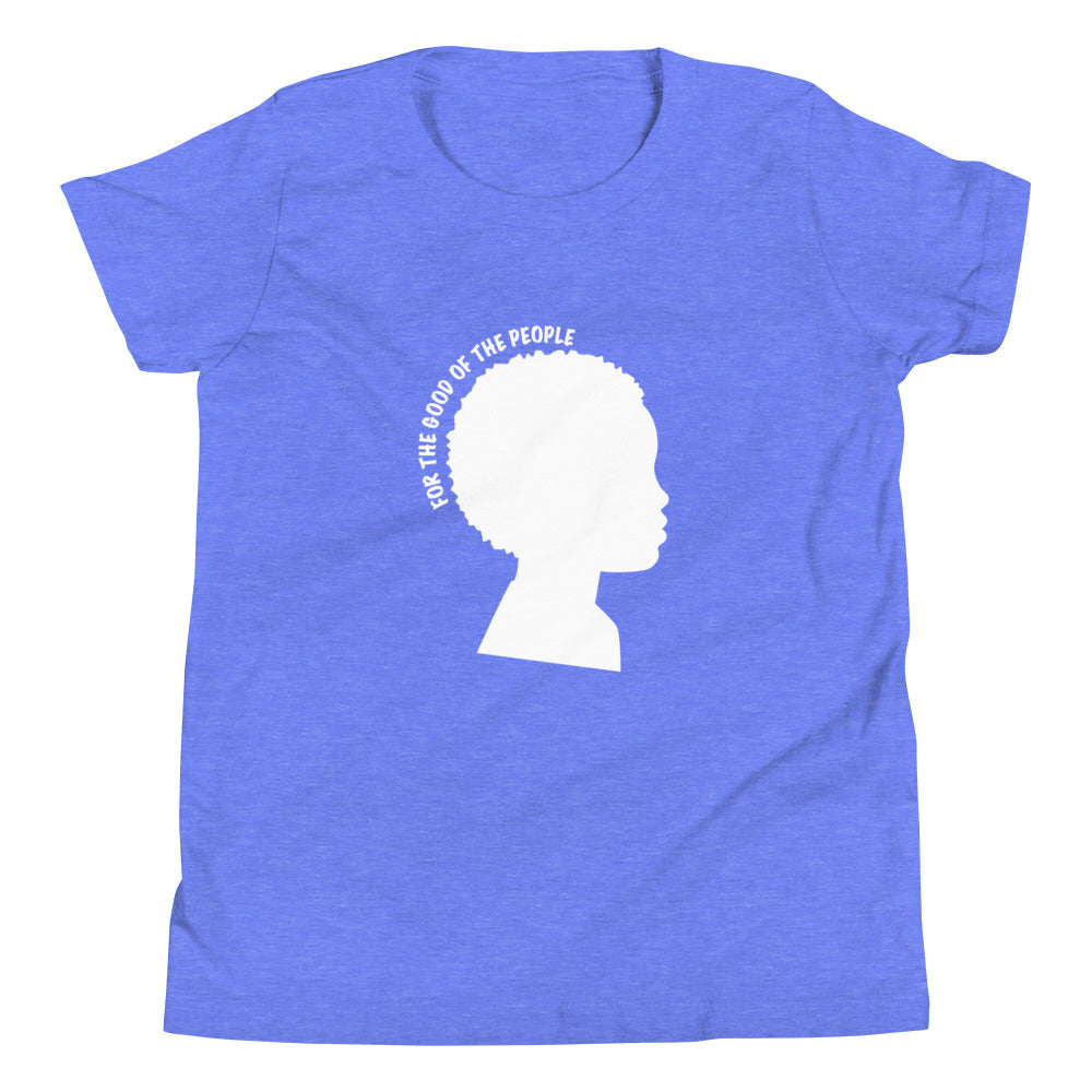 Kid's heather columbia tee with white silhouette of little boy with afro with for the good of the people in white around the head.