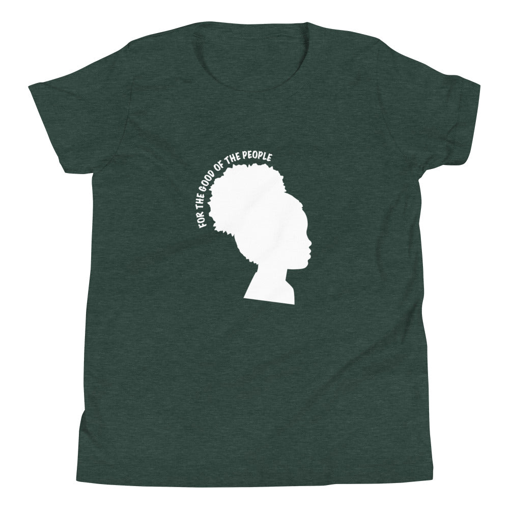Kid's forest green tee with silhouette of little girl with afro puff with for the good of the people in white around the head.