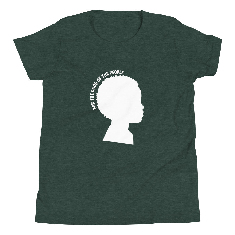 Kid's heather green tee with white silhouette of little boy with afro with for the good of the people in white around the head.