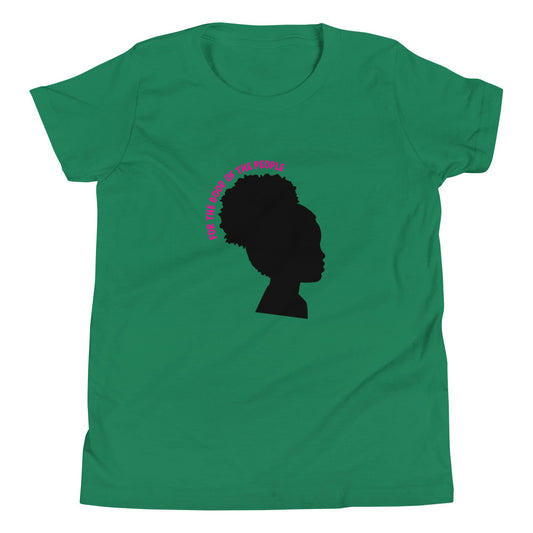 Kid's green tee with silhouette of little girl with afro puff with for the good of the people in pink around the head.