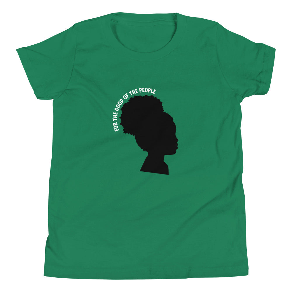 Kid's green tee with silhouette of little girl with afro puff with for the good of the people in white around the head.