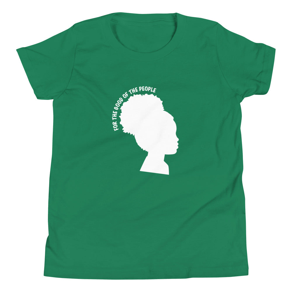 Kid's green tee with silhouette of little girl with afro puff with for the good of the people in white around the head.