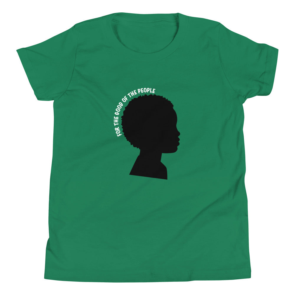 Kid's green tee with black silhouette of little boy with afro with for the good of the people in white around the head.