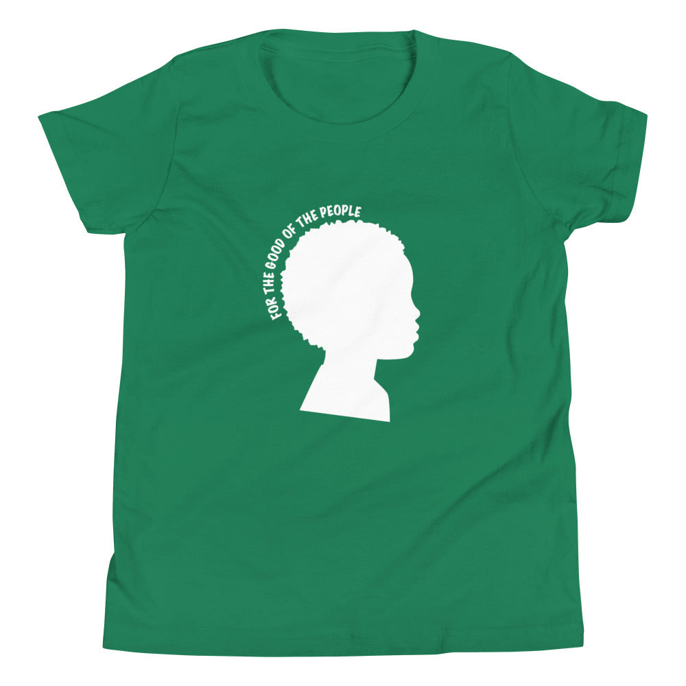 Kid's kelly green tee with white silhouette of little boy with afro with for the good of the people in white around the head.