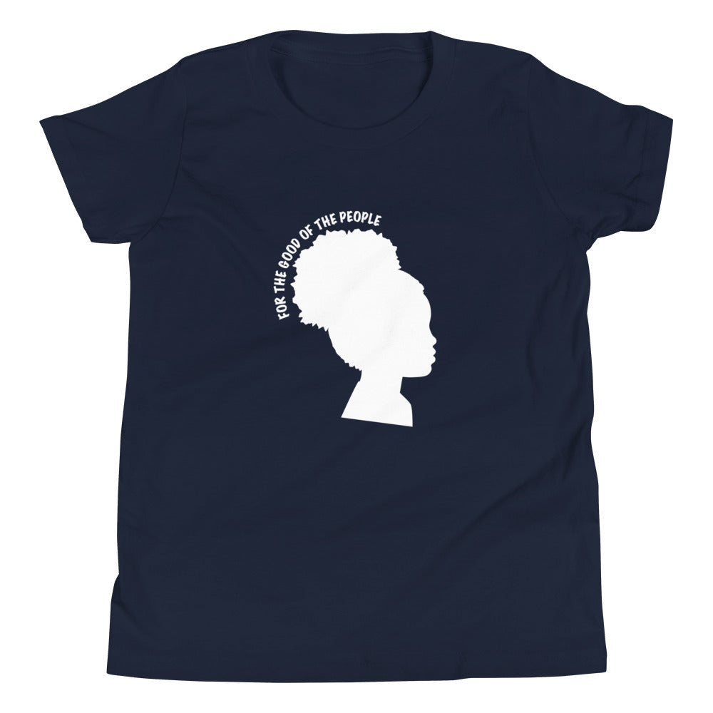 Kid's navy tee with silhouette of little girl with afro puff with for the good of the people in white around the head.