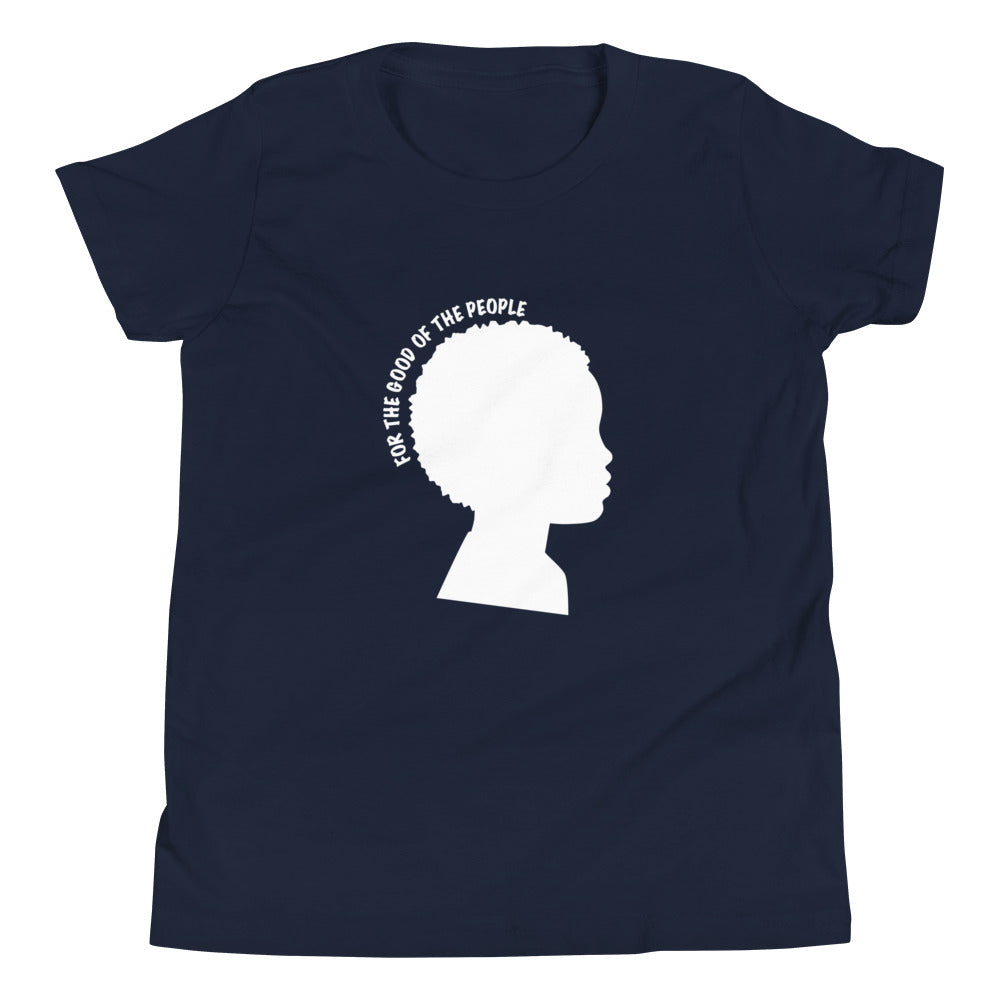 Kid's navy tee with white silhouette of little boy with afro with for the good of the people in white around the head.