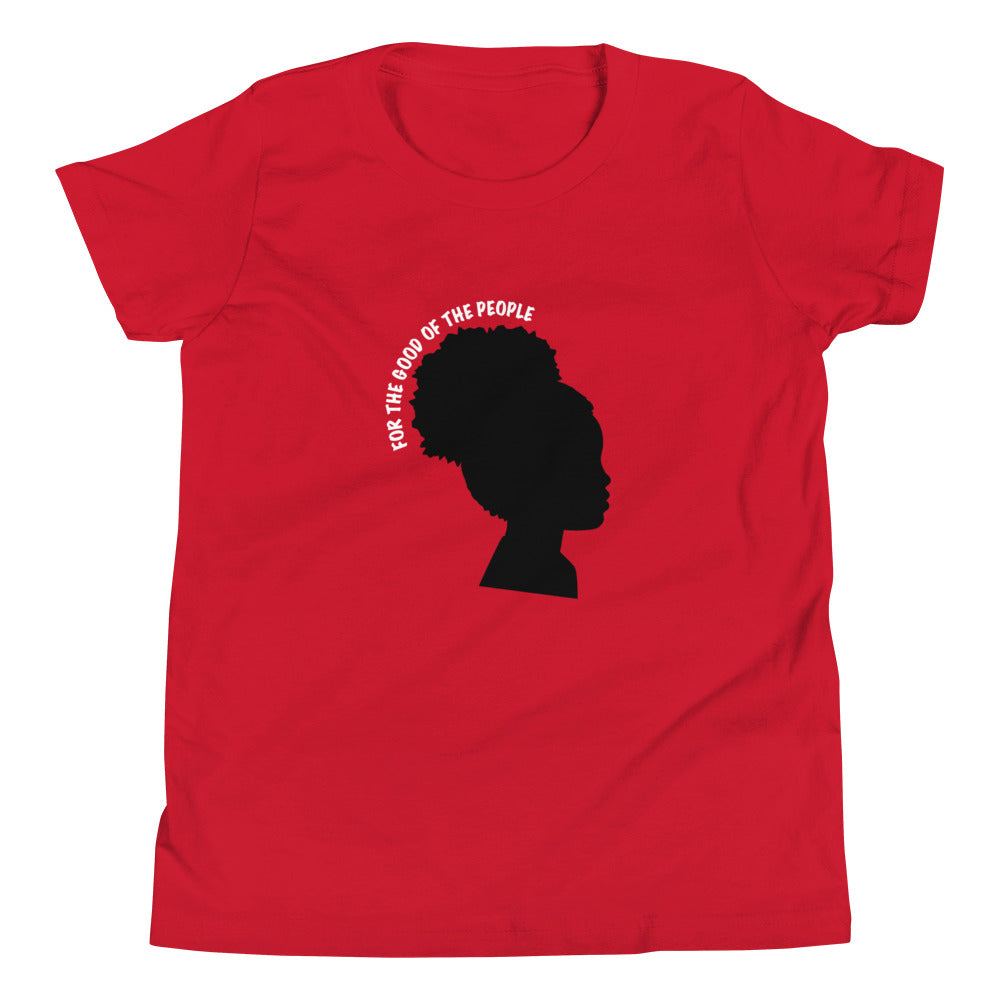 Kid's red tee with silhouette of little girl with afro puff with for the good of the people in white around the head.