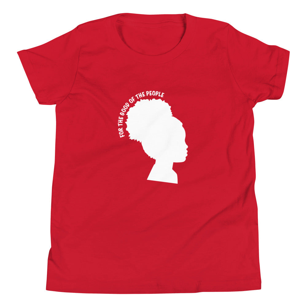 Kid's red tee with silhouette of little girl with afro puff with for the good of the people in white around the head.