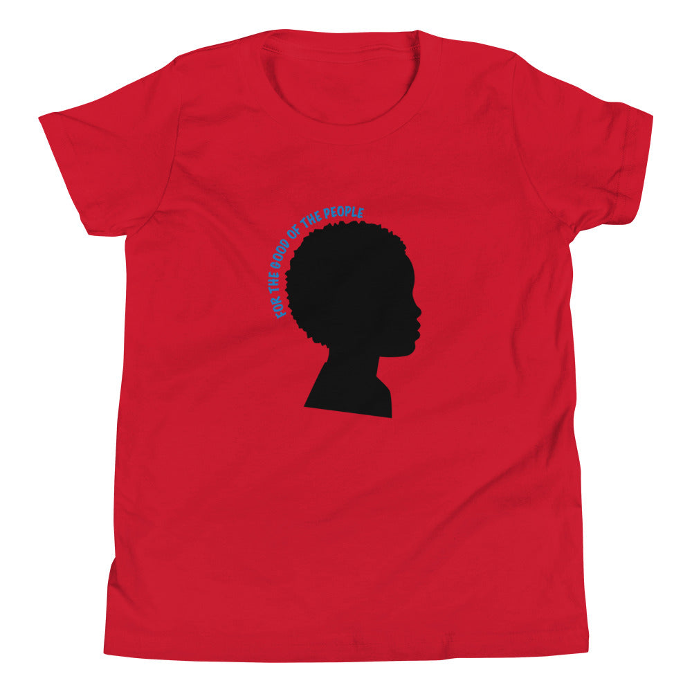 Kid's red tee with silhouette of little boy with afro with for the good of the people in blue around the head.