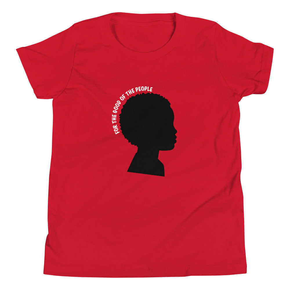 Kid's red tee with black silhouette of little boy with afro with for the good of the people in white around the head.
