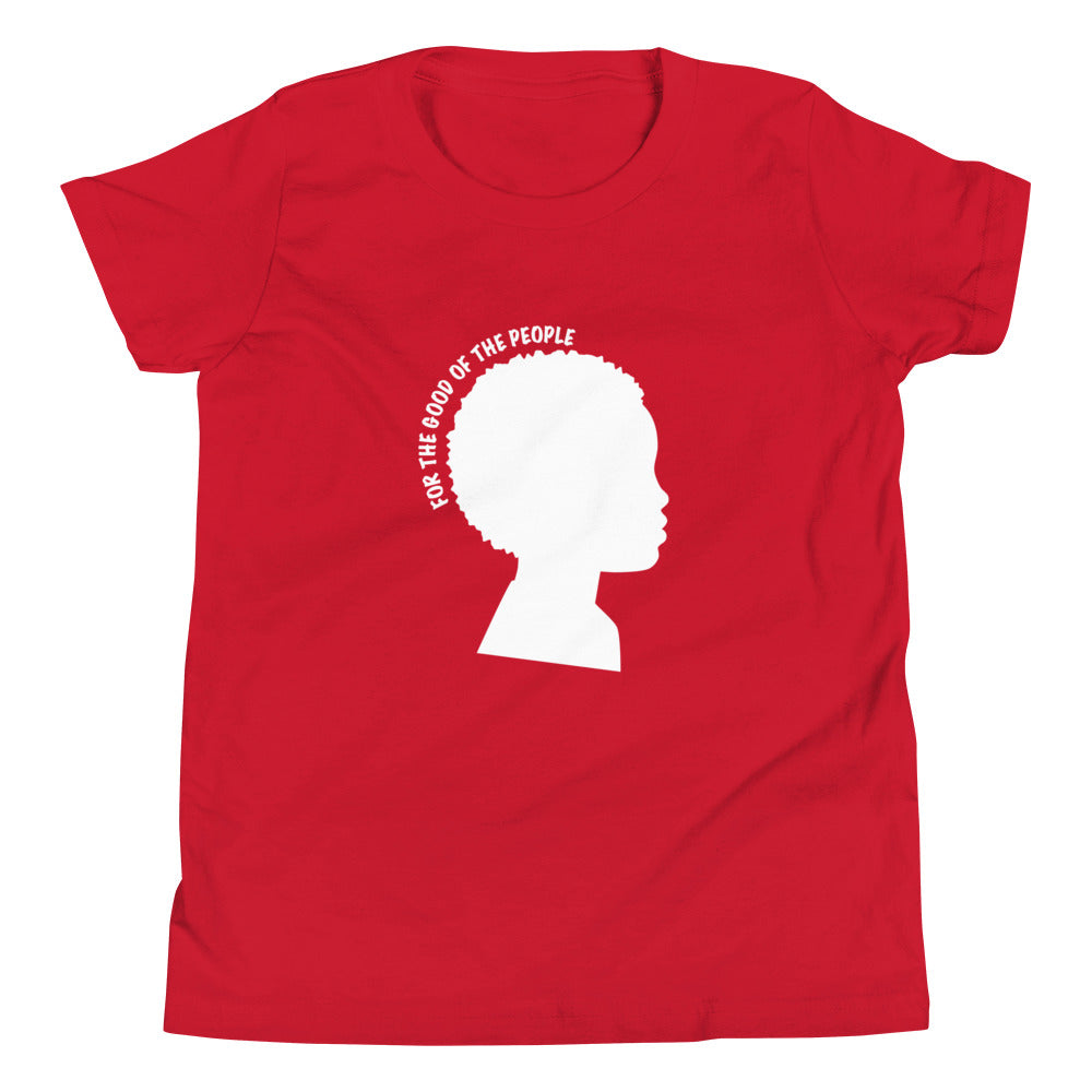 Kid's red tee with white silhouette of little boy with afro with for the good of the people in white around the head.