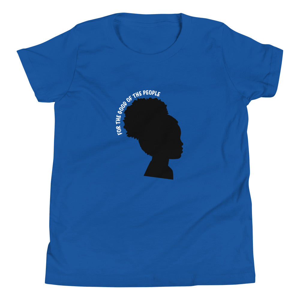 Kid's royal tee with silhouette of little girl with afro puff with for the good of the people in white around the head.