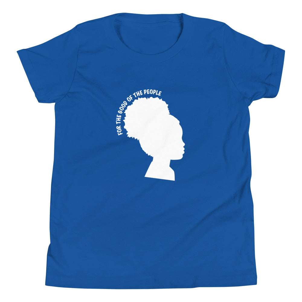 Kid's royal tee with silhouette of little girl with afro puff with for the good of the people in white around the head.