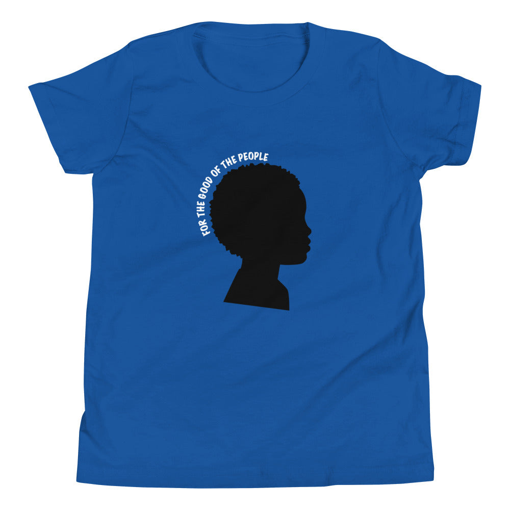 Kid's royal tee with black silhouette of little boy with afro with for the good of the people in white around the head.
