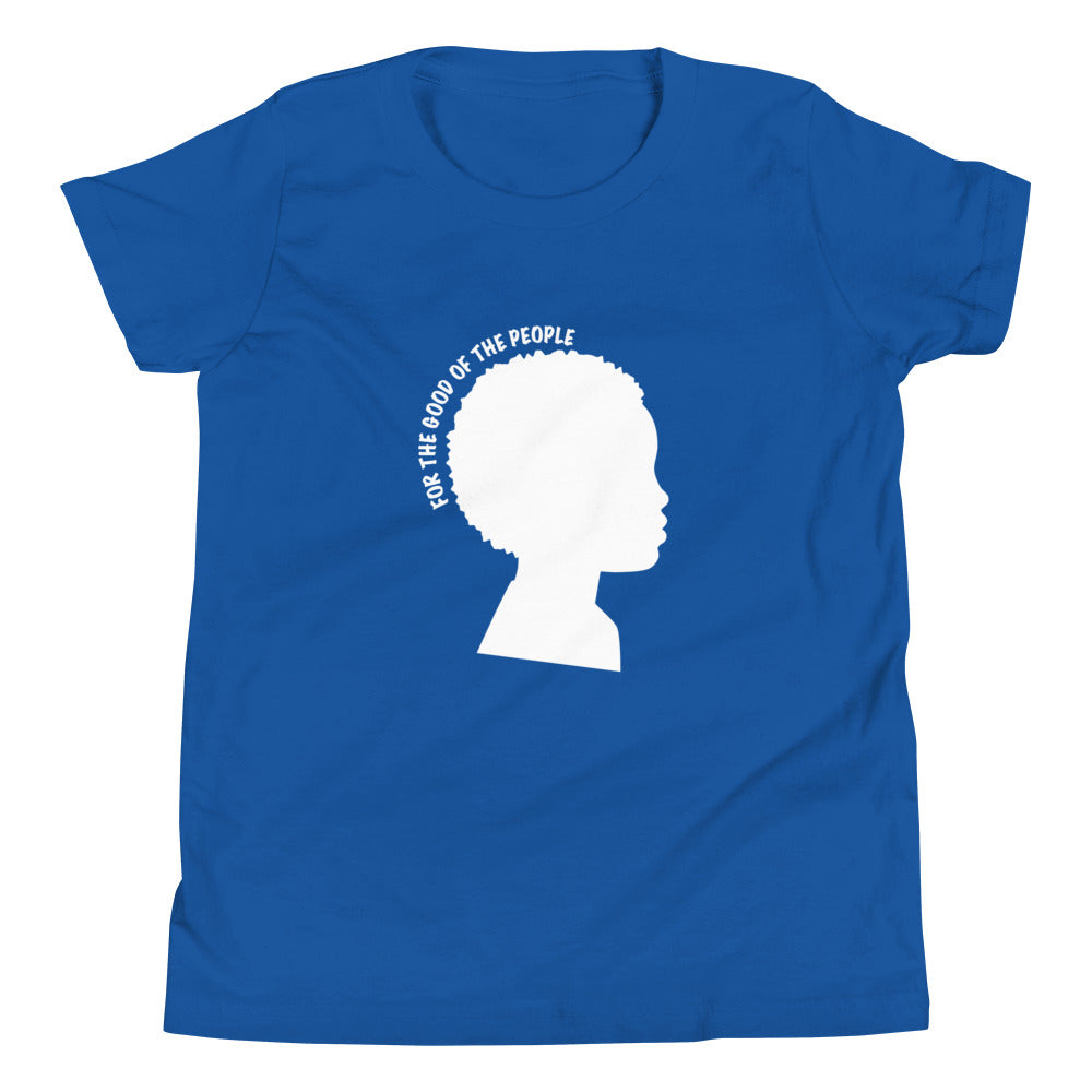 Kid's royal tee with white silhouette of little boy with afro with for the good of the people in white around the head.
