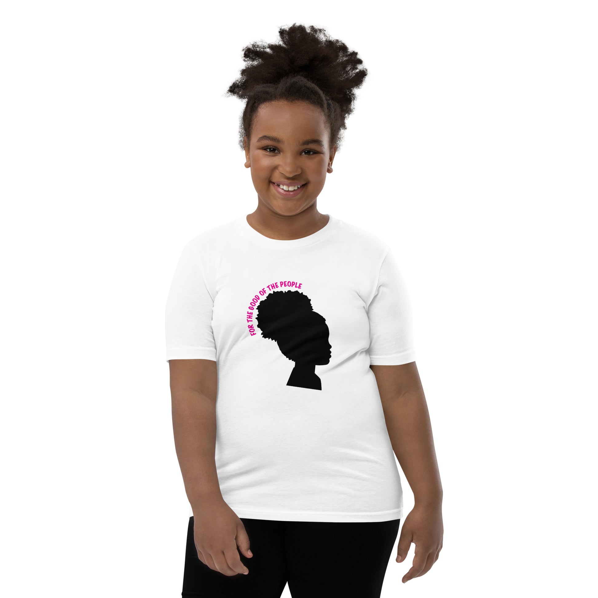 Little girl with afro puff wearing a white tee with silhouette of little girl with afro puff with for the good of the people in pink around the head.
