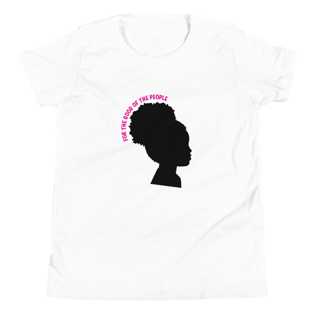 Kid's white tee with silhouette of little girl with afro puff with for the good of the people in pink around the head.