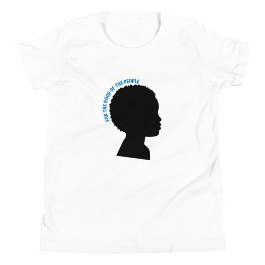 Kid's white tee with silhouette of little boy with afro with for the good of the people in blue around the head.